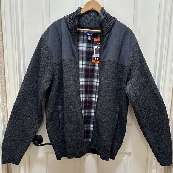 Izod Full Zip Lined Sweater Men's Size XXL Grey Relaxed Fit Stretch Warm (NEW) - Picture 1 of 16